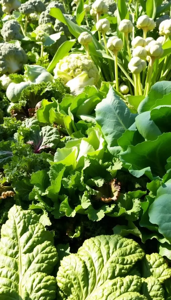 A vibrant, nourishing scene of autumn's finest greens. In the foreground, an abundant harvest of kale, swiss chard, and collard greens, their lush, textured leaves casting dynamic shadows. In the middle ground, a variety of leafy lettuces, their colors ranging from deep emerald to delicate pale green, standing tall and proud. In the background, a verdant backdrop of gently swaying broccoli florets and Brussels sprouts, their sturdy stalks anchoring the composition. Natural lighting filters through, casting a warm, golden glow and accentuating the produce's fresh, healthy vibrancy. A composition that celebrates the season's bountiful, flavorful greens. A vibrant, nourishing scene of autumn's finest greens. In the foreground, an abundant harvest of kale, swiss chard, and collard greens, their lush, textured leaves casting dynamic shadows. In the middle ground, a variety of leafy lettuces, their colors ranging from deep emerald to delicate pale green, standing tall and proud. In the background, a verdant backdrop of gently swaying broccoli florets and Brussels sprouts, their sturdy stalks anchoring the composition. Natural lighting filters through, casting a warm, golden glow and accentuating the produce's fresh, healthy vibrancy. A composition that celebrates the season's bountiful, flavorful greens.