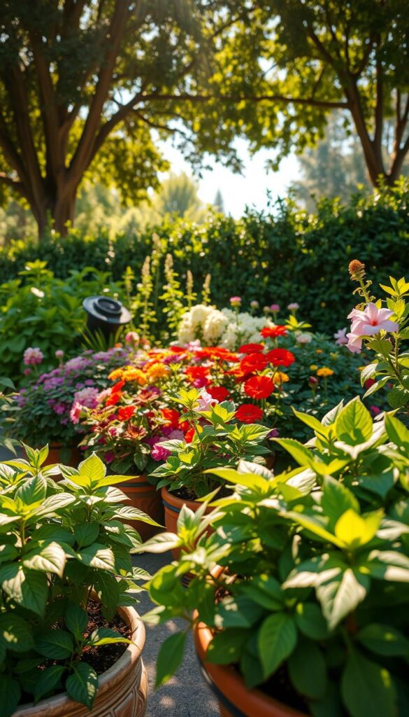 A vibrant outdoor scene featuring a variety of lush, thriving plants basking in the warm summer sunlight. In the foreground, a selection of hearty, well-watered houseplants in decorative planters, their leaves glistening. The middle ground showcases a mix of colorful flowering annuals and perennials, their petals dancing in a gentle breeze. In the background, a verdant backdrop of mature trees and shrubbery, casting dappled shadows across the scene. Warm, diffused lighting illuminates the composition, creating a serene, rejuvenating atmosphere. A low-angle perspective captures the plants' full, healthy forms, inviting the viewer to step into this oasis of natural beauty.