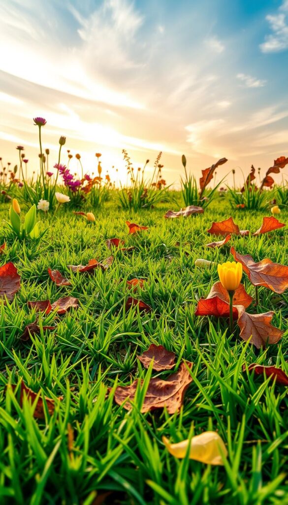 A vibrant outdoor scene showcasing seasonal cues for common lawn diseases. In the foreground, lush green grass is dotted with discolored, patchy areas - hints of fungal growth and nutrient deficiencies. The middle ground features a variety of flora, from budding spring flowers to withered autumn leaves, each signaling different disease risks. The background depicts a warm, sunlit sky with wispy clouds, creating an atmospheric perspective. Crisp, high-resolution textures, and natural lighting capture the essence of seasonal lawn health indicators, aiding identification and treatment. A vibrant outdoor scene showcasing seasonal cues for common lawn diseases. In the foreground, lush green grass is dotted with discolored, patchy areas - hints of fungal growth and nutrient deficiencies. The middle ground features a variety of flora, from budding spring flowers to withered autumn leaves, each signaling different disease risks. The background depicts a warm, sunlit sky with wispy clouds, creating an atmospheric perspective. Crisp, high-resolution textures, and natural lighting capture the essence of seasonal lawn health indicators, aiding identification and treatment.