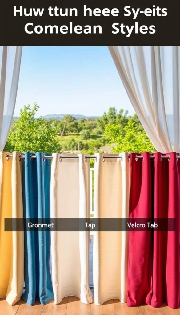 A vibrant outdoor setting with a prominent display of various header styles for curtains and canopies. In the foreground, a collection of curtain panels showcasing grommet, rod pocket, tab top, and Velcro tab headers, arranged neatly against a backdrop of lush greenery and natural light. The middle ground features a cozy patio or deck, with the curtain panels gently swaying in a soft breeze. In the background, a serene landscape with a clear blue sky and perhaps a glimpse of a tranquil outdoor space, setting the scene for this informative display of curtain header styles. The lighting is natural and diffused, creating a warm and inviting atmosphere, highlighting the textures and details of the curtain panels.