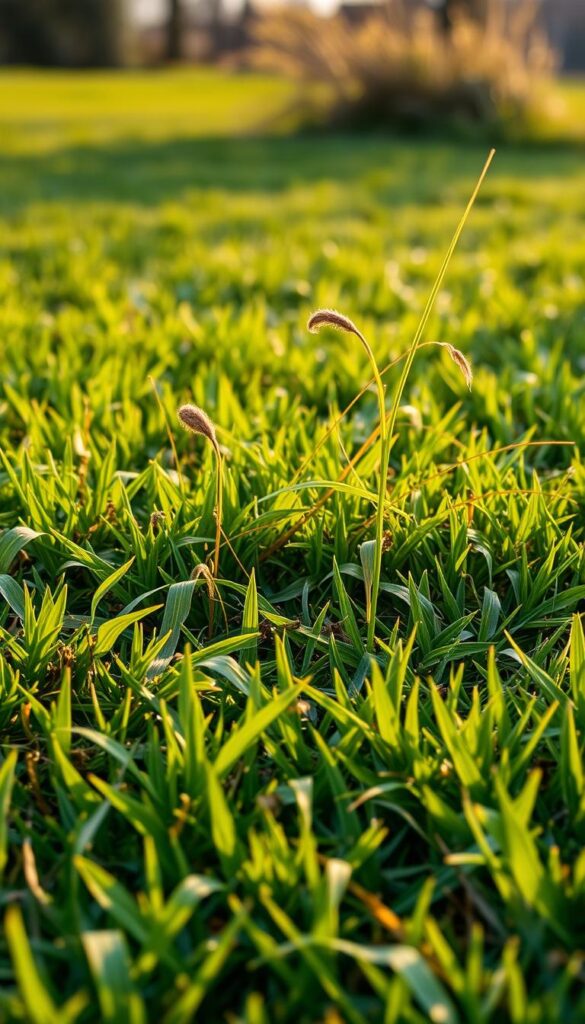 A vibrant, overgrown lawn with lush weeds sprouting amidst the tufts of grass. In the foreground, a close-up view of a variety of weeds, their leaves and stems twisting and intertwining. The middle ground features a wider shot of the lawn, showcasing the battle between the weeds and the grass, with the weeds gradually encroaching. The background has a softly blurred, natural setting, perhaps with a few trees or shrubs in the distance, creating a sense of depth and context. The lighting is warm and golden, casting a gentle glow over the scene, conveying a sense of tranquility and the early stages of spring. The overall mood is one of a lawn in need of attention, with the weeds gaining the upper hand, setting the stage for the article's subject.