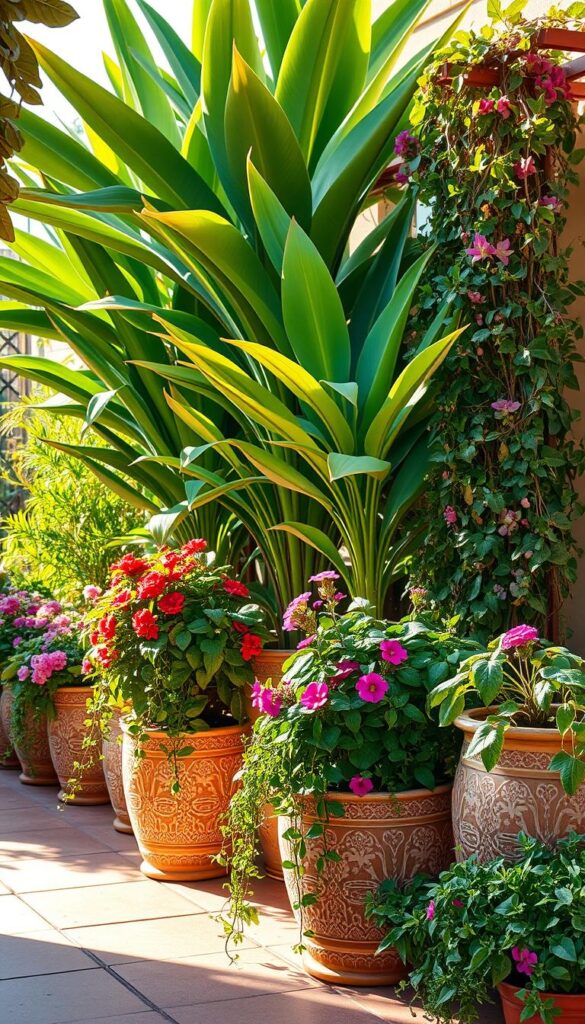 A vibrant patio oasis with lush, verdant potted plants arranged in a harmonious display. In the foreground, a mix of trailing vines, blooming flowers, and fragrant herbs cascade from ornate ceramic planters. The middle ground features towering tropical foliage, their broad leaves swaying gently in a soft, warm breeze. In the background, a decorative trellis is adorned with climbing vines, creating a natural, inviting ambiance. Warm afternoon sunlight filters through, casting a golden glow and casting dramatic shadows that accentuate the textures and depths of the flourishing greenery. The overall scene exudes a sense of tranquility and rejuvenation, perfectly capturing the essence of a refreshed spring patio. A vibrant patio oasis with lush, verdant potted plants arranged in a harmonious display. In the foreground, a mix of trailing vines, blooming flowers, and fragrant herbs cascade from ornate ceramic planters. The middle ground features towering tropical foliage, their broad leaves swaying gently in a soft, warm breeze. In the background, a decorative trellis is adorned with climbing vines, creating a natural, inviting ambiance. Warm afternoon sunlight filters through, casting a golden glow and casting dramatic shadows that accentuate the textures and depths of the flourishing greenery. The overall scene exudes a sense of tranquility and rejuvenation, perfectly capturing the essence of a refreshed spring patio.