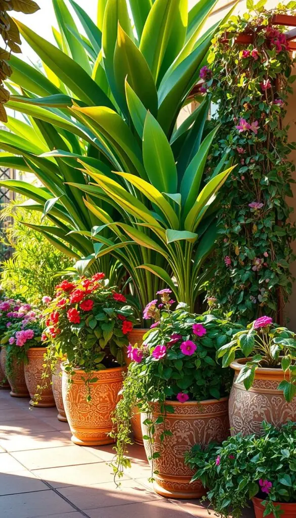 A vibrant patio oasis with lush, verdant potted plants arranged in a harmonious display. In the foreground, a mix of trailing vines, blooming flowers, and fragrant herbs cascade from ornate ceramic planters. The middle ground features towering tropical foliage, their broad leaves swaying gently in a soft, warm breeze. In the background, a decorative trellis is adorned with climbing vines, creating a natural, inviting ambiance. Warm afternoon sunlight filters through, casting a golden glow and casting dramatic shadows that accentuate the textures and depths of the flourishing greenery. The overall scene exudes a sense of tranquility and rejuvenation, perfectly capturing the essence of a refreshed spring patio. A vibrant patio oasis with lush, verdant potted plants arranged in a harmonious display. In the foreground, a mix of trailing vines, blooming flowers, and fragrant herbs cascade from ornate ceramic planters. The middle ground features towering tropical foliage, their broad leaves swaying gently in a soft, warm breeze. In the background, a decorative trellis is adorned with climbing vines, creating a natural, inviting ambiance. Warm afternoon sunlight filters through, casting a golden glow and casting dramatic shadows that accentuate the textures and depths of the flourishing greenery. The overall scene exudes a sense of tranquility and rejuvenation, perfectly capturing the essence of a refreshed spring patio.