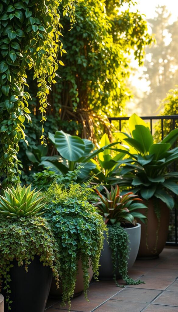 A vibrant patio scene with lush potted plants and cascading greenery. In the foreground, a variety of thriving succulents, ferns, and trailing vines spill over the edges of chic, modernist planters. The middle ground features a mix of larger, leafy houseplants like fiddle-leaf figs and monstera deliciosas, bathed in warm, golden afternoon light. Framing the scene, a backdrop of towering, verdant foliage creates a cozy, secluded atmosphere. The overall composition is balanced, with a sense of natural harmony and a calming, serene ambiance. A vibrant patio scene with lush potted plants and cascading greenery. In the foreground, a variety of thriving succulents, ferns, and trailing vines spill over the edges of chic, modernist planters. The middle ground features a mix of larger, leafy houseplants like fiddle-leaf figs and monstera deliciosas, bathed in warm, golden afternoon light. Framing the scene, a backdrop of towering, verdant foliage creates a cozy, secluded atmosphere. The overall composition is balanced, with a sense of natural harmony and a calming, serene ambiance.