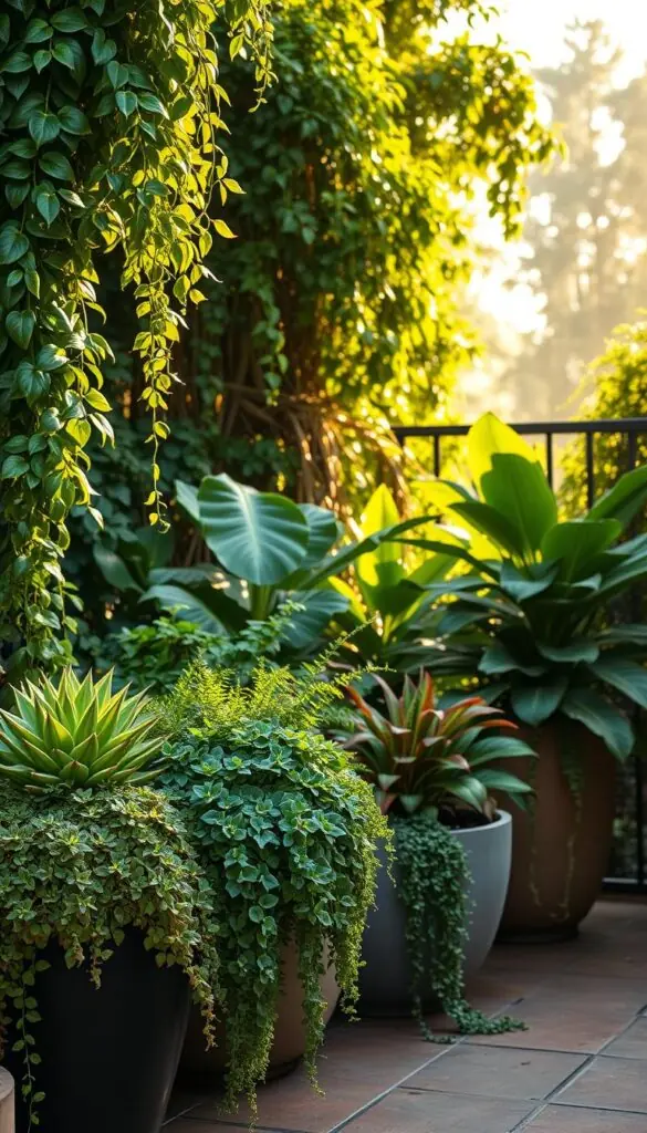 A vibrant patio scene with lush potted plants and cascading greenery. In the foreground, a variety of thriving succulents, ferns, and trailing vines spill over the edges of chic, modernist planters. The middle ground features a mix of larger, leafy houseplants like fiddle-leaf figs and monstera deliciosas, bathed in warm, golden afternoon light. Framing the scene, a backdrop of towering, verdant foliage creates a cozy, secluded atmosphere. The overall composition is balanced, with a sense of natural harmony and a calming, serene ambiance.