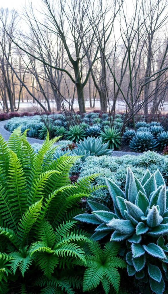 A vibrant perennial garden in the midst of a crisp, winter landscape. In the foreground, lush green ferns and sturdy hostas stand guard, their leaves protected by a light dusting of frost. In the middle ground, clusters of hearty succulents and drought-resistant plants, their waxy foliage glistening under soft, indirect lighting. In the background, a dense grove of bare deciduous trees, their intricate branches reaching skyward, creating a moody, atmospheric backdrop. The overall scene conveys a sense of resilience and adaptability, as these hardy, frost-protected plants withstand the harsh conditions of the winter season. A vibrant perennial garden in the midst of a crisp, winter landscape. In the foreground, lush green ferns and sturdy hostas stand guard, their leaves protected by a light dusting of frost. In the middle ground, clusters of hearty succulents and drought-resistant plants, their waxy foliage glistening under soft, indirect lighting. In the background, a dense grove of bare deciduous trees, their intricate branches reaching skyward, creating a moody, atmospheric backdrop. The overall scene conveys a sense of resilience and adaptability, as these hardy, frost-protected plants withstand the harsh conditions of the winter season.