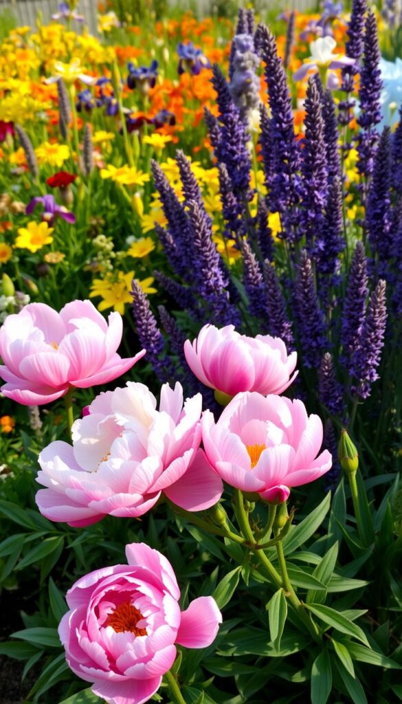 A vibrant perennial garden scene, featuring a variety of complementary flowering plants arranged in a harmonious composition. In the foreground, lush blooms of pink and white peonies, their delicate petals softly illuminated by warm, natural lighting. In the middle ground, clusters of purple lavender sway gently, their fragrant spikes reaching towards the sky. Behind them, a tapestry of colorful daylilies, irises, and other perennial companions in shades of yellow, orange, and blue create a visually striking backdrop. The overall mood is one of timeless beauty, with a sense of tranquility and the promise of reliable seasonal renewal.