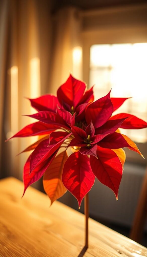 A vibrant poinsettia plant against a soft, blurred background, basking in warm, golden sunlight filtering through a window. The leaves are a vibrant red, with delicate new growth emerging, tender and green, a promise of renewal. The plant is positioned on a wooden table or windowsill, casting gentle shadows. The composition is balanced, with the plant taking up the foreground, while the background remains pleasantly out of focus, creating a sense of depth and tranquility. The overall mood is one of quiet optimism and the start of a new cycle of life. A vibrant poinsettia plant against a soft, blurred background, basking in warm, golden sunlight filtering through a window. The leaves are a vibrant red, with delicate new growth emerging, tender and green, a promise of renewal. The plant is positioned on a wooden table or windowsill, casting gentle shadows. The composition is balanced, with the plant taking up the foreground, while the background remains pleasantly out of focus, creating a sense of depth and tranquility. The overall mood is one of quiet optimism and the start of a new cycle of life.