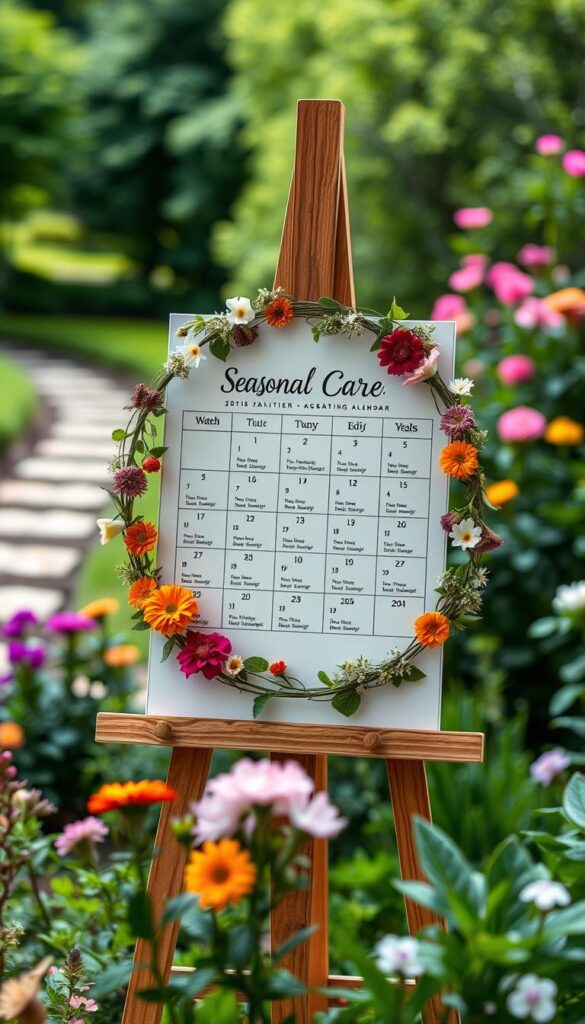 A vibrant seasonal care calendar displayed on a wooden easel, illuminated by soft, natural lighting. In the foreground, a delicate floral wreath frames the calendar, showcasing the cyclical nature of gardening. The calendar itself features monthly icons and descriptions, guiding the viewer through the year's essential tasks - watering, mulching, dividing, and editing. The middle ground features lush, blooming flowers in a variety of colors, hinting at the year-round garden abundance. The background is a serene, out-of-focus garden scene, with verdant foliage and a hint of a winding path, creating a sense of depth and tranquility. A vibrant seasonal care calendar displayed on a wooden easel, illuminated by soft, natural lighting. In the foreground, a delicate floral wreath frames the calendar, showcasing the cyclical nature of gardening. The calendar itself features monthly icons and descriptions, guiding the viewer through the year's essential tasks - watering, mulching, dividing, and editing. The middle ground features lush, blooming flowers in a variety of colors, hinting at the year-round garden abundance. The background is a serene, out-of-focus garden scene, with verdant foliage and a hint of a winding path, creating a sense of depth and tranquility.