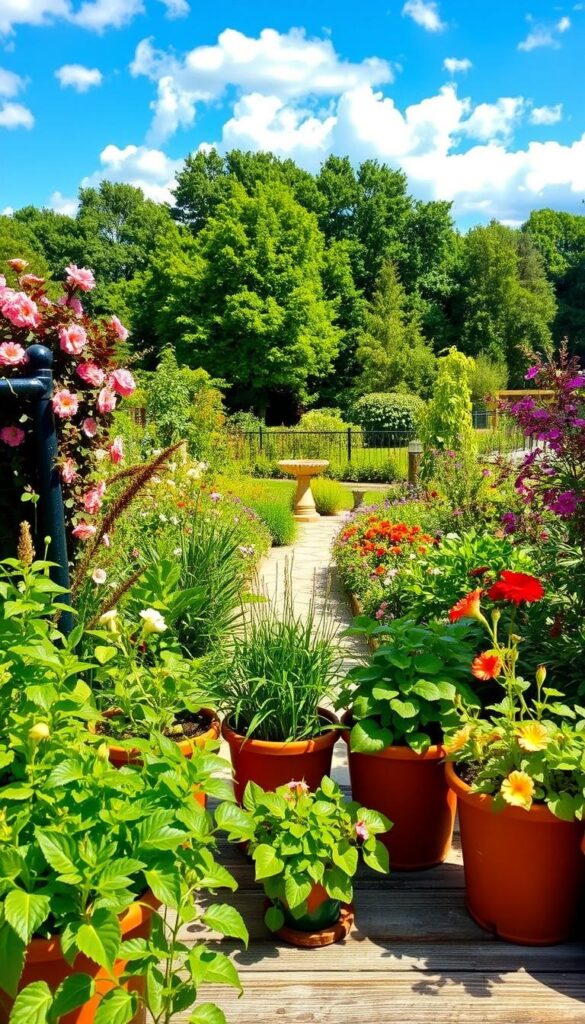 A vibrant seasonal garden with lush foliage, blooming flowers, and a warm, inviting atmosphere. In the foreground, a variety of potted plants and herbs thrive under the soft, natural lighting. The middle ground showcases a charming garden path, lined with colorful perennials and a birdbath. In the background, verdant trees and a blue sky with fluffy clouds create a serene, picturesque setting. The overall scene evokes a sense of tranquility and offers practical tips for maintaining a thriving garden through different climate conditions and travel schedules.