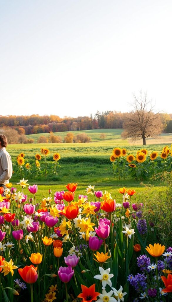 A vibrant seasonal landscape showcasing the four distinct phases of the year in the United States. In the foreground, a lush garden bursts with colorful spring blooms - delicate cherry blossoms, tulips, and daffodils. The middle ground transitions to a verdant summer scene, with towering sunflowers and breezy meadows. Autumn takes center stage in the background, where a canopy of fiery red, orange, and golden leaves frames the horizon. Finally, a tranquil winter wonderland appears in the distance, with a light dusting of snow blanketing the trees and a lone, bare-branched silhouette. Soft, natural lighting casts a warm, nostalgic glow over the entire tableau, capturing the cyclical rhythm of the seasons.