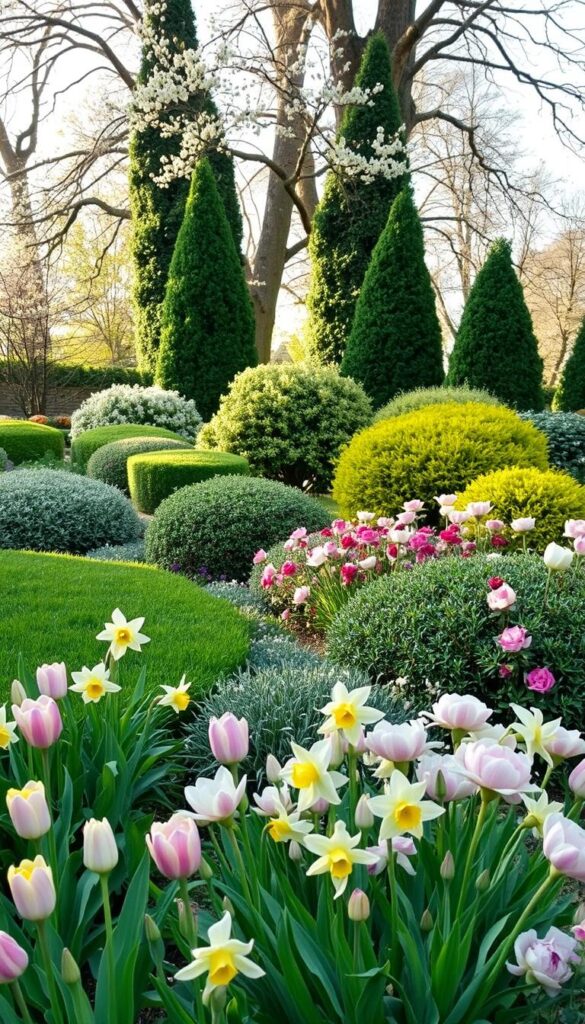 A vibrant spring garden with lush foliage and colorful blooms. In the foreground, an array of flowering plants like tulips, daffodils, and peonies in soft pastel hues. The middle ground features ornamental shrubs and bushes in shades of green, creating a layered and textured scene. In the background, a backdrop of towering trees with delicate blossoms, casting a warm, dappled light across the garden. The overall composition evokes a sense of tranquility and natural beauty, with the plants arranged in a simple, harmonious layout that effortlessly blends form and function. A vibrant spring garden with lush foliage and colorful blooms. In the foreground, an array of flowering plants like tulips, daffodils, and peonies in soft pastel hues. The middle ground features ornamental shrubs and bushes in shades of green, creating a layered and textured scene. In the background, a backdrop of towering trees with delicate blossoms, casting a warm, dappled light across the garden. The overall composition evokes a sense of tranquility and natural beauty, with the plants arranged in a simple, harmonious layout that effortlessly blends form and function.