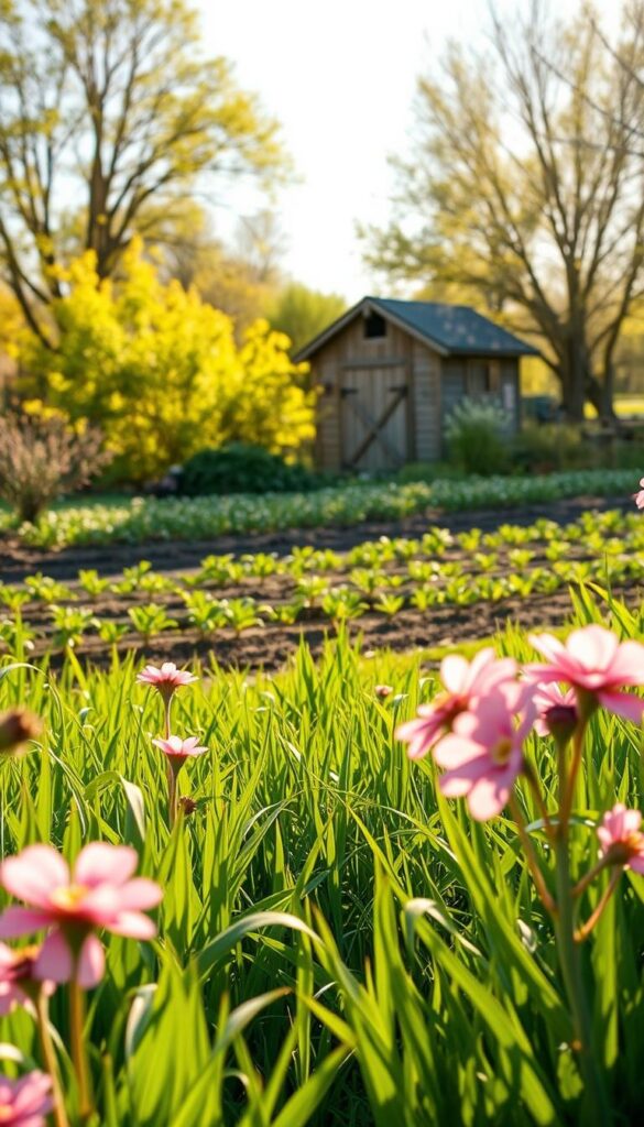A vibrant spring landscape, with lush green grass and blooming flowers in the foreground, gently blowing in a soft breeze. In the middle ground, a flourishing vegetable garden with rows of neatly planted seedlings, their leaves reaching towards the sun. In the background, a picturesque wooden shed sits nestled among verdant trees, casting gentle shadows across the scene. The lighting is warm and golden, creating a serene and inviting atmosphere. The overall composition conveys the beauty and productivity of a well-planned, season-appropriate garden, reflecting the USDA hardiness zone's influence on successful perennial and annual flower planting. A vibrant spring landscape, with lush green grass and blooming flowers in the foreground, gently blowing in a soft breeze. In the middle ground, a flourishing vegetable garden with rows of neatly planted seedlings, their leaves reaching towards the sun. In the background, a picturesque wooden shed sits nestled among verdant trees, casting gentle shadows across the scene. The lighting is warm and golden, creating a serene and inviting atmosphere. The overall composition conveys the beauty and productivity of a well-planned, season-appropriate garden, reflecting the USDA hardiness zone's influence on successful perennial and annual flower planting.
