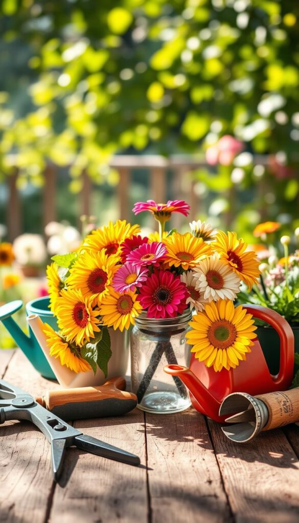 A vibrant still life arrangement showcasing the essential tools and supplies for summer flower care. In the foreground, a variety of gardening tools like pruning shears, trowels, and watering cans are neatly arranged on a rustic wooden surface, casting soft shadows. In the middle ground, a collection of lush, colorful blooms - including sunflowers, zinnias, and daisies - are carefully displayed in a vintage mason jar. The background features a blurred, hazy garden scene, with dappled sunlight filtering through leafy foliage. The overall composition conveys a sense of warmth, productivity, and the beauty of summer's bounty.