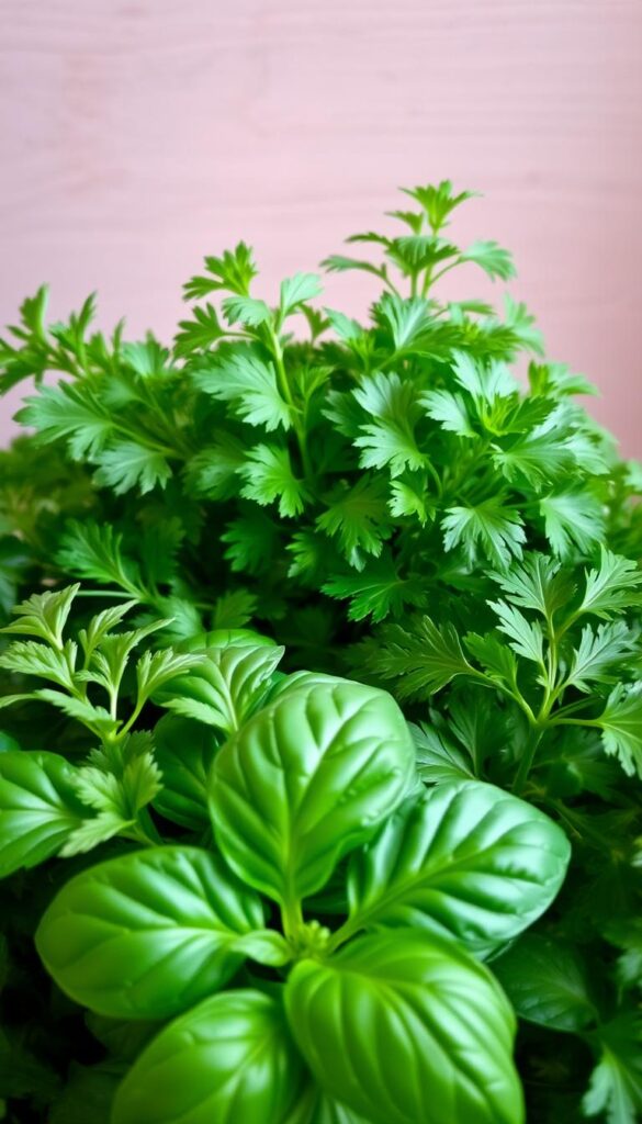 A vibrant still life capturing the essence of basil, parsley, and mint in a natural setting. In the foreground, a cluster of lush, fragrant basil leaves, their deep green hues accentuated by soft, diffused lighting. Surrounding the basil, delicate sprigs of parsley, their vibrant green tones and feathery textures adding depth and contrast. In the middle ground, a bundle of fresh mint, its vibrant green leaves and slender stems creating a lively, verdant presence. The background features a neutral, earthy tone, allowing the herbs to take center stage. The image conveys a sense of harmony, inviting the viewer to appreciate the beauty and versatility of these essential culinary herbs. A vibrant still life capturing the essence of basil, parsley, and mint in a natural setting. In the foreground, a cluster of lush, fragrant basil leaves, their deep green hues accentuated by soft, diffused lighting. Surrounding the basil, delicate sprigs of parsley, their vibrant green tones and feathery textures adding depth and contrast. In the middle ground, a bundle of fresh mint, its vibrant green leaves and slender stems creating a lively, verdant presence. The background features a neutral, earthy tone, allowing the herbs to take center stage. The image conveys a sense of harmony, inviting the viewer to appreciate the beauty and versatility of these essential culinary herbs.