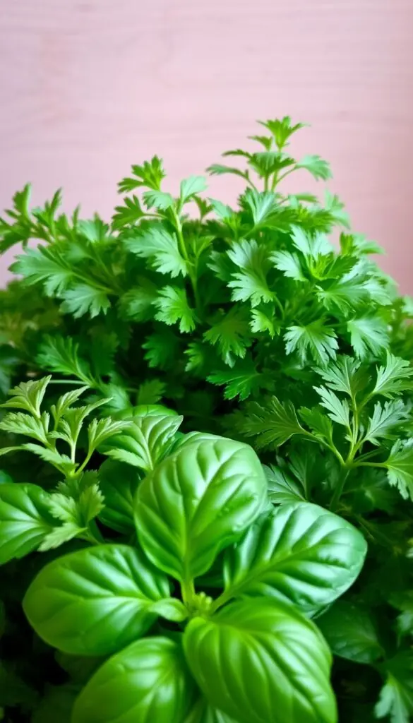 A vibrant still life capturing the essence of basil, parsley, and mint in a natural setting. In the foreground, a cluster of lush, fragrant basil leaves, their deep green hues accentuated by soft, diffused lighting. Surrounding the basil, delicate sprigs of parsley, their vibrant green tones and feathery textures adding depth and contrast. In the middle ground, a bundle of fresh mint, its vibrant green leaves and slender stems creating a lively, verdant presence. The background features a neutral, earthy tone, allowing the herbs to take center stage. The image conveys a sense of harmony, inviting the viewer to appreciate the beauty and versatility of these essential culinary herbs.