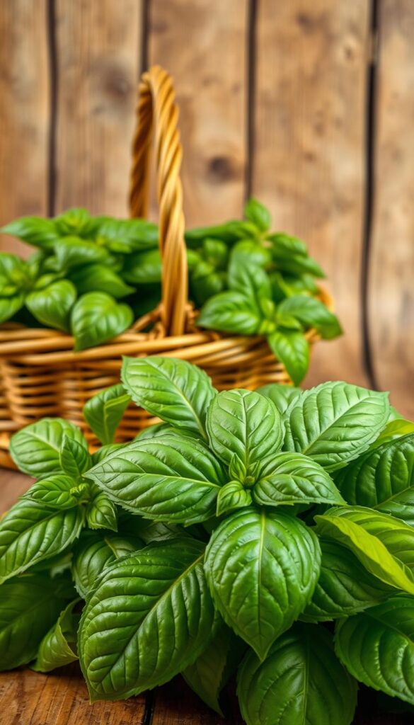 A vibrant still life of freshly harvested basil leaves against a warm, rustic backdrop. The leaves are in the foreground, their lush green hues and intricate veining captured in striking detail by a crisp macro lens. Soft, diffused lighting bathes the scene, casting gentle shadows and highlighting the leaves' natural sheen. In the middle ground, a wicker basket overflows with more aromatic basil, its earthy tones and organic textures complementing the vibrant foliage. The background is a weathered wood surface, its aged and distressed appearance lending a sense of history and authenticity to the composition. The overall mood is one of abundance, celebration of nature's bounty, and the promise of flavorful culinary delights. A vibrant still life of freshly harvested basil leaves against a warm, rustic backdrop. The leaves are in the foreground, their lush green hues and intricate veining captured in striking detail by a crisp macro lens. Soft, diffused lighting bathes the scene, casting gentle shadows and highlighting the leaves' natural sheen. In the middle ground, a wicker basket overflows with more aromatic basil, its earthy tones and organic textures complementing the vibrant foliage. The background is a weathered wood surface, its aged and distressed appearance lending a sense of history and authenticity to the composition. The overall mood is one of abundance, celebration of nature's bounty, and the promise of flavorful culinary delights.