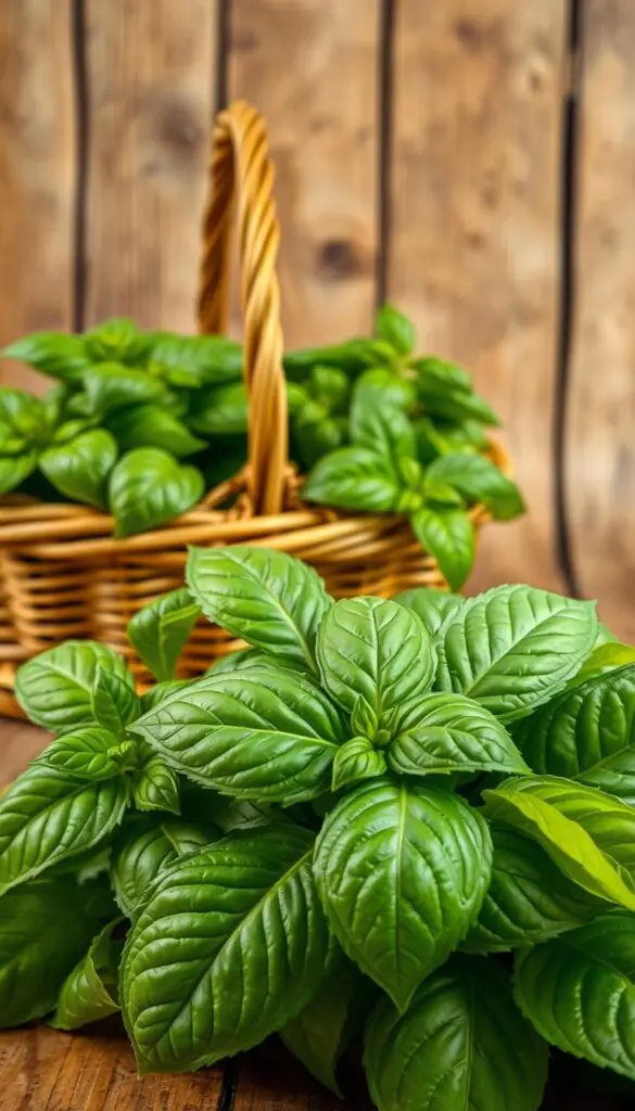 A vibrant still life of freshly harvested basil leaves against a warm, rustic backdrop. The leaves are in the foreground, their lush green hues and intricate veining captured in striking detail by a crisp macro lens. Soft, diffused lighting bathes the scene, casting gentle shadows and highlighting the leaves' natural sheen. In the middle ground, a wicker basket overflows with more aromatic basil, its earthy tones and organic textures complementing the vibrant foliage. The background is a weathered wood surface, its aged and distressed appearance lending a sense of history and authenticity to the composition. The overall mood is one of abundance, celebration of nature's bounty, and the promise of flavorful culinary delights. A vibrant still life of freshly harvested basil leaves against a warm, rustic backdrop. The leaves are in the foreground, their lush green hues and intricate veining captured in striking detail by a crisp macro lens. Soft, diffused lighting bathes the scene, casting gentle shadows and highlighting the leaves' natural sheen. In the middle ground, a wicker basket overflows with more aromatic basil, its earthy tones and organic textures complementing the vibrant foliage. The background is a weathered wood surface, its aged and distressed appearance lending a sense of history and authenticity to the composition. The overall mood is one of abundance, celebration of nature's bounty, and the promise of flavorful culinary delights.