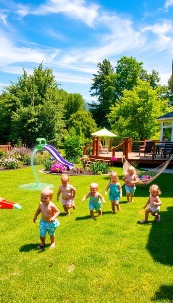 A vibrant summer backyard, bathed in warm, golden sunshine. In the foreground, a group of children playing on a lush, verdant lawn, laughter and joy radiating from their faces. Dotted around them, a variety of colorful, whimsical outdoor toys - a sprinkler system, a slip-and-slide, and a gently swinging hammock. In the middle ground, a well-maintained garden bursting with blooming flowers and lush greenery, creating a natural, inviting ambiance. Beyond, a wooden deck with a cozy outdoor seating area, perfect for family gatherings and relaxation. Overhead, a clear, azure sky, with wispy clouds adding depth and dimension to the scene. The overall atmosphere is one of pure summertime bliss, where family, fun, and nature come together in perfect harmony.