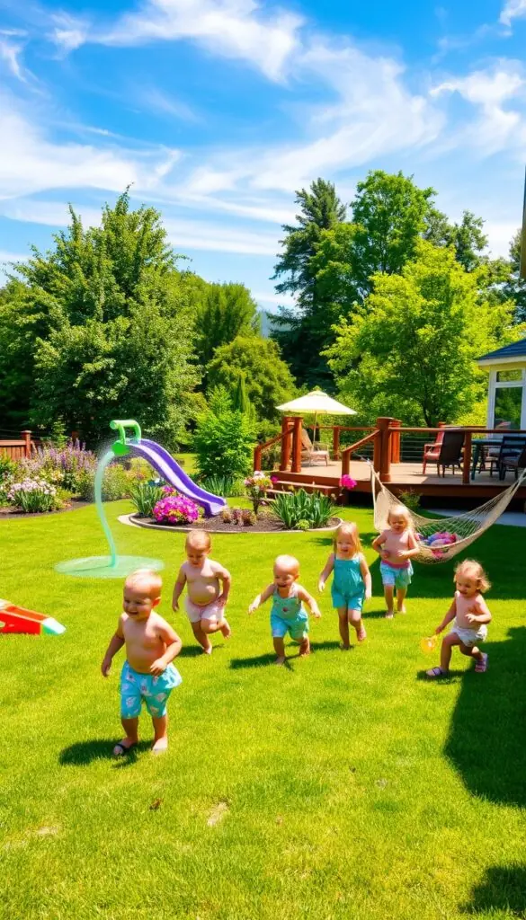 A vibrant summer backyard, bathed in warm, golden sunshine. In the foreground, a group of children playing on a lush, verdant lawn, laughter and joy radiating from their faces. Dotted around them, a variety of colorful, whimsical outdoor toys - a sprinkler system, a slip-and-slide, and a gently swinging hammock. In the middle ground, a well-maintained garden bursting with blooming flowers and lush greenery, creating a natural, inviting ambiance. Beyond, a wooden deck with a cozy outdoor seating area, perfect for family gatherings and relaxation. Overhead, a clear, azure sky, with wispy clouds adding depth and dimension to the scene. The overall atmosphere is one of pure summertime bliss, where family, fun, and nature come together in perfect harmony. A vibrant summer backyard, bathed in warm, golden sunshine. In the foreground, a group of children playing on a lush, verdant lawn, laughter and joy radiating from their faces. Dotted around them, a variety of colorful, whimsical outdoor toys - a sprinkler system, a slip-and-slide, and a gently swinging hammock. In the middle ground, a well-maintained garden bursting with blooming flowers and lush greenery, creating a natural, inviting ambiance. Beyond, a wooden deck with a cozy outdoor seating area, perfect for family gatherings and relaxation. Overhead, a clear, azure sky, with wispy clouds adding depth and dimension to the scene. The overall atmosphere is one of pure summertime bliss, where family, fun, and nature come together in perfect harmony.
