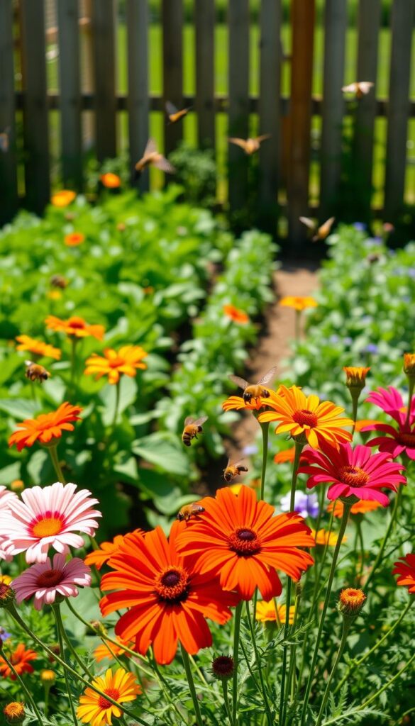 A vibrant, sun-dappled garden scene brimming with diverse pollinators. In the foreground, a cluster of lush, colorful companion flowers - zinnias, marigolds, and cosmos - sway gently in a light breeze. Delicate honeybees, butterflies, and hummingbirds dart from blossom to blossom, their movements captured in crisp focus by a wide-angle lens. The middle ground reveals neatly planted rows of thriving vegetables, their leaves and stems providing additional forage for the industrious pollinators. In the distance, a wooden fence frames the scene, casting soft shadows that add depth and dimension. The overall mood is one of harmony, abundance, and the vital interconnectedness of nature. A vibrant, sun-dappled garden scene brimming with diverse pollinators. In the foreground, a cluster of lush, colorful companion flowers - zinnias, marigolds, and cosmos - sway gently in a light breeze. Delicate honeybees, butterflies, and hummingbirds dart from blossom to blossom, their movements captured in crisp focus by a wide-angle lens. The middle ground reveals neatly planted rows of thriving vegetables, their leaves and stems providing additional forage for the industrious pollinators. In the distance, a wooden fence frames the scene, casting soft shadows that add depth and dimension. The overall mood is one of harmony, abundance, and the vital interconnectedness of nature.