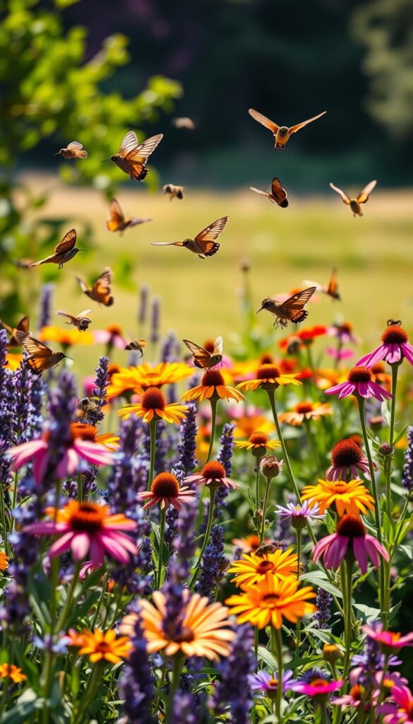 A vibrant, sun-dappled garden scene showcasing an array of pollinator-friendly flowers. In the foreground, a variety of butterflies and hummingbirds flit among the blooms, their delicate wings and iridescent feathers catching the warm light. The midground features a lush assortment of nectar-rich plants such as lavender, coneflowers, and bee balm, their colors bursting with vitality. In the background, a soft, blurred landscape suggests a serene, natural setting, inviting the viewer to imagine the sights and sounds of a thriving pollinator habitat. The scene is captured with a shallow depth of field, emphasizing the graceful motion of the pollinators and the tactile, tactile quality of the flowers. A vibrant, sun-dappled garden scene showcasing an array of pollinator-friendly flowers. In the foreground, a variety of butterflies and hummingbirds flit among the blooms, their delicate wings and iridescent feathers catching the warm light. The midground features a lush assortment of nectar-rich plants such as lavender, coneflowers, and bee balm, their colors bursting with vitality. In the background, a soft, blurred landscape suggests a serene, natural setting, inviting the viewer to imagine the sights and sounds of a thriving pollinator habitat. The scene is captured with a shallow depth of field, emphasizing the graceful motion of the pollinators and the tactile, tactile quality of the flowers.