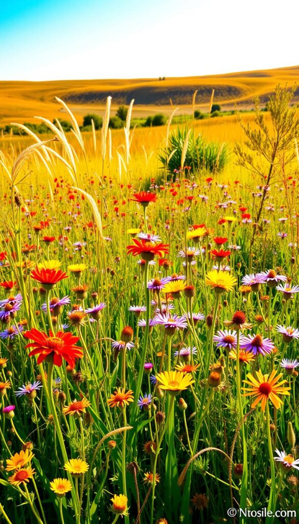 A vibrant, sun-drenched field of native wildflowers in full bloom. In the foreground, a lush carpet of colorful blooms - crimson Indian paintbrush, golden coreopsis, and delicate purple asters sway gently in a light breeze. The middle ground features tall, swaying grasses and the silhouettes of native shrubs like serviceberry and sumac. In the background, a gently rolling landscape bathed in warm, golden light, with a clear blue sky overhead. The scene exudes a sense of natural beauty, resilience, and low-maintenance charm, perfect for a full-sun garden.