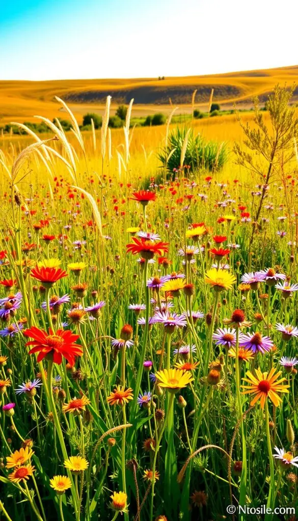 A vibrant, sun-drenched field of native wildflowers in full bloom. In the foreground, a lush carpet of colorful blooms - crimson Indian paintbrush, golden coreopsis, and delicate purple asters sway gently in a light breeze. The middle ground features tall, swaying grasses and the silhouettes of native shrubs like serviceberry and sumac. In the background, a gently rolling landscape bathed in warm, golden light, with a clear blue sky overhead. The scene exudes a sense of natural beauty, resilience, and low-maintenance charm, perfect for a full-sun garden. A vibrant, sun-drenched field of native wildflowers in full bloom. In the foreground, a lush carpet of colorful blooms - crimson Indian paintbrush, golden coreopsis, and delicate purple asters sway gently in a light breeze. The middle ground features tall, swaying grasses and the silhouettes of native shrubs like serviceberry and sumac. In the background, a gently rolling landscape bathed in warm, golden light, with a clear blue sky overhead. The scene exudes a sense of natural beauty, resilience, and low-maintenance charm, perfect for a full-sun garden.