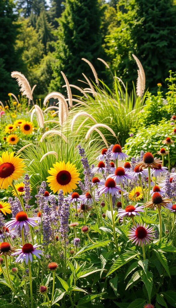 A vibrant, sun-drenched garden bursting with lush, low-maintenance perennials. In the foreground, a colorful array of blooming flowers including cheerful sunflowers, delicate lavender sprigs, and robust purple coneflowers. The middle ground features swaying ornamental grasses and sprawling sedum, creating a soft, airy texture. In the background, a verdant backdrop of towering evergreens and verdant foliage, casting gentle shadows across the scene. Warm, golden light filters through, illuminating the plants and casting a serene, natural ambiance. A composition that captures the essence of a thriving, low-maintenance perennial garden.