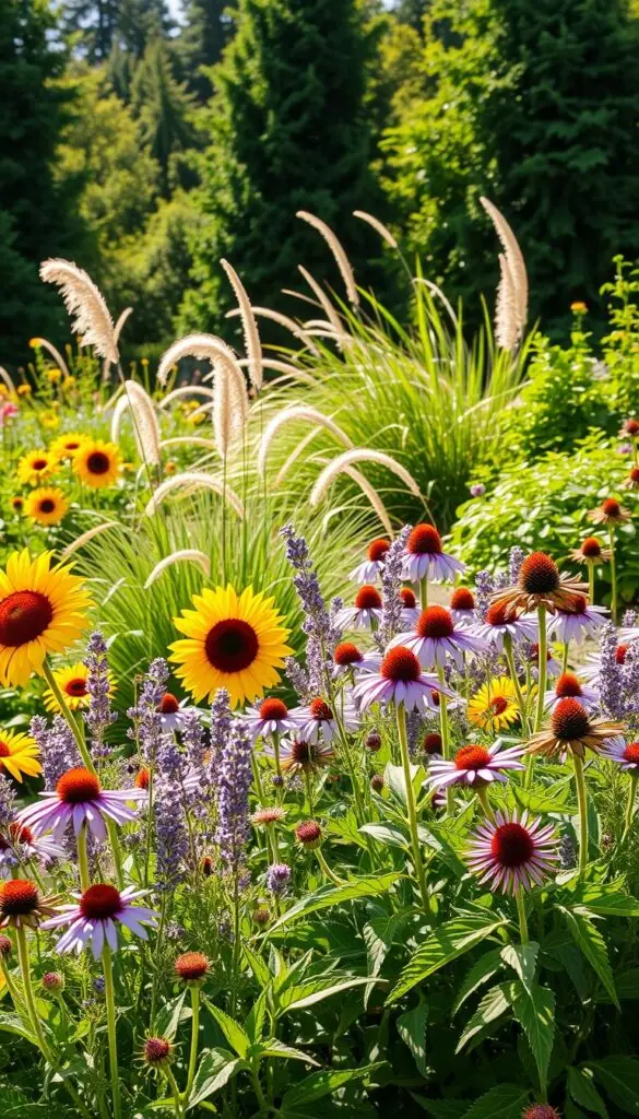 A vibrant, sun-drenched garden bursting with lush, low-maintenance perennials. In the foreground, a colorful array of blooming flowers including cheerful sunflowers, delicate lavender sprigs, and robust purple coneflowers. The middle ground features swaying ornamental grasses and sprawling sedum, creating a soft, airy texture. In the background, a verdant backdrop of towering evergreens and verdant foliage, casting gentle shadows across the scene. Warm, golden light filters through, illuminating the plants and casting a serene, natural ambiance. A composition that captures the essence of a thriving, low-maintenance perennial garden.