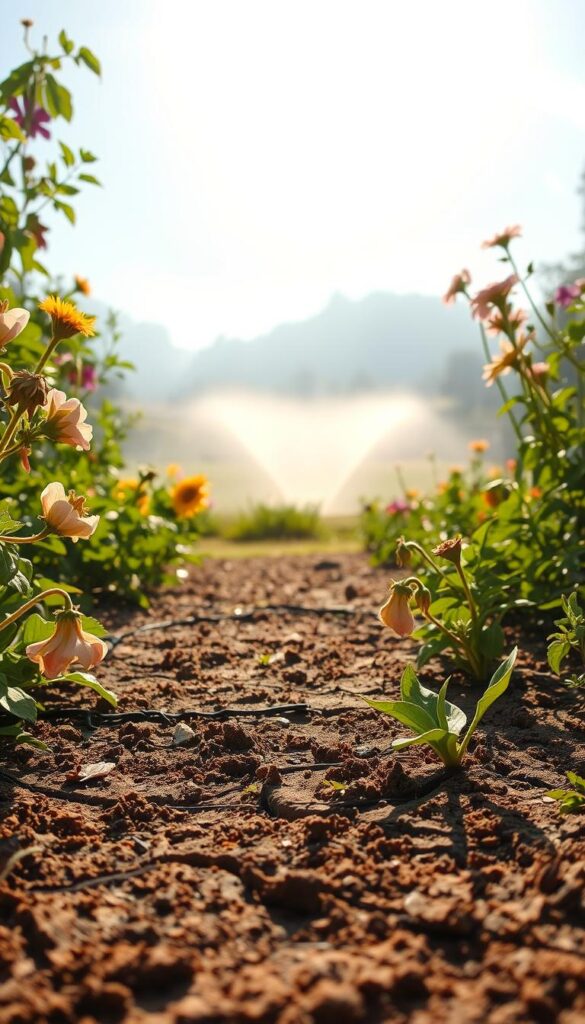 A vibrant, sun-drenched garden scene, with lush foliage and blooming flowers struggling to withstand the intense summer heat. In the foreground, parched soil cracks under the scorching sunlight, while wilting petals cling to their stems. In the middle ground, a sprinkler system sprays a gentle mist, providing momentary relief to the thirsty plants. In the background, a shimmering haze distorts the landscape, conveying the oppressive, sweltering atmosphere. Soft, diffused lighting accentuates the drama, casting long shadows and creating a sense of depth and dimension. The overall composition evokes the challenges of maintaining a flourishing garden during the hottest, driest days of summer. A vibrant, sun-drenched garden scene, with lush foliage and blooming flowers struggling to withstand the intense summer heat. In the foreground, parched soil cracks under the scorching sunlight, while wilting petals cling to their stems. In the middle ground, a sprinkler system sprays a gentle mist, providing momentary relief to the thirsty plants. In the background, a shimmering haze distorts the landscape, conveying the oppressive, sweltering atmosphere. Soft, diffused lighting accentuates the drama, casting long shadows and creating a sense of depth and dimension. The overall composition evokes the challenges of maintaining a flourishing garden during the hottest, driest days of summer.