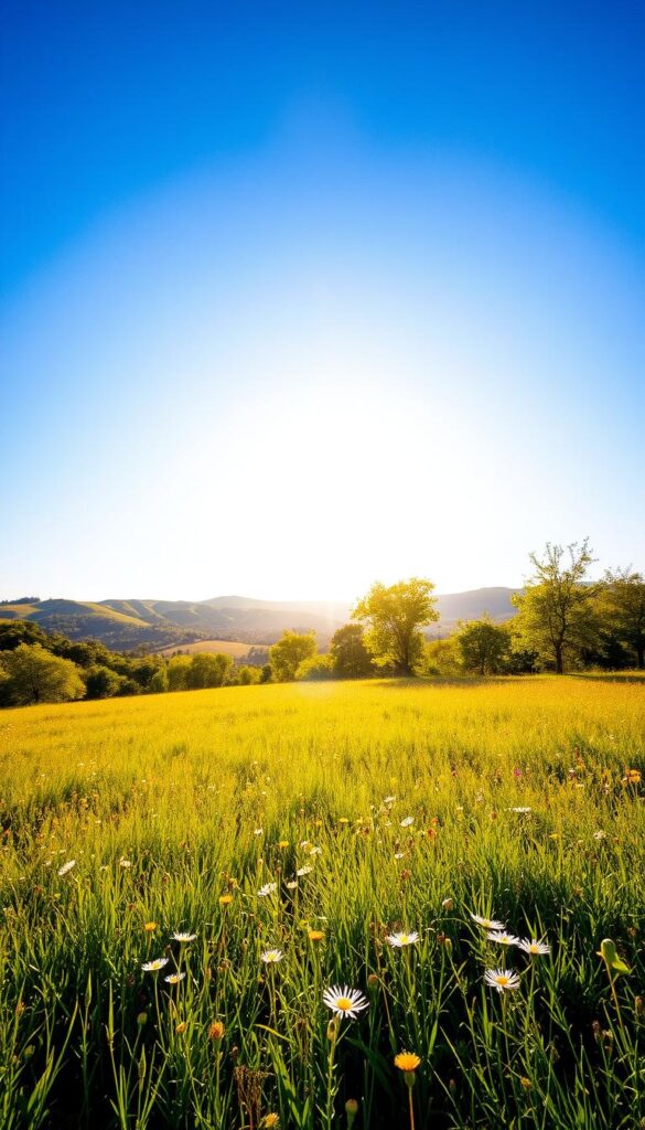 A vibrant, sun-drenched landscape under a cloudless azure sky. In the foreground, an expanse of lush, sun-kissed meadow dotted with wildflowers swaying gently in a warm breeze. The middle ground features a sun-dappled copse of verdant trees, their leaves reflecting the brilliant light. In the distance, rolling hills bask in the radiant glow of the high noon sun, the air shimmering with heat. The scene is bathed in a warm, golden hue, captured with a wide-angle lens to emphasize the vastness and intensity of the full sun. An atmosphere of tranquility and abundance pervades the idyllic setting. A vibrant, sun-drenched landscape under a cloudless azure sky. In the foreground, an expanse of lush, sun-kissed meadow dotted with wildflowers swaying gently in a warm breeze. The middle ground features a sun-dappled copse of verdant trees, their leaves reflecting the brilliant light. In the distance, rolling hills bask in the radiant glow of the high noon sun, the air shimmering with heat. The scene is bathed in a warm, golden hue, captured with a wide-angle lens to emphasize the vastness and intensity of the full sun. An atmosphere of tranquility and abundance pervades the idyllic setting.