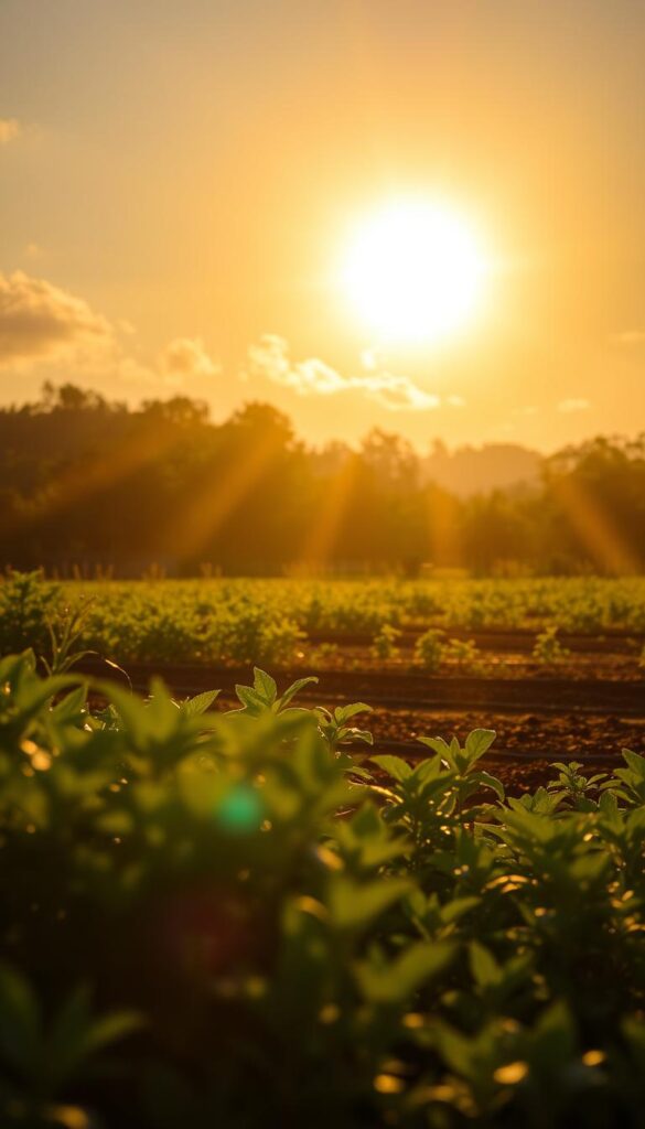 A vibrant, sun-drenched landscape with a majestic golden orb dominating the sky. Warm rays cascade down, bathing the lush foliage and fertile soil in a soft, diffused glow. In the foreground, verdant vegetation thrives, its leaves gently swaying in the gentle breeze. The middle ground features a well-tended garden bed, its plants eagerly reaching towards the sun's nourishing embrace. Hazy, atmospheric light filters through wispy clouds, creating a sense of tranquility and abundance. Tilt-shifted focus draws the eye to the captivating solar disc, its brilliant, shimmering surface a testament to the life-giving power of the sun. A vibrant, sun-drenched landscape with a majestic golden orb dominating the sky. Warm rays cascade down, bathing the lush foliage and fertile soil in a soft, diffused glow. In the foreground, verdant vegetation thrives, its leaves gently swaying in the gentle breeze. The middle ground features a well-tended garden bed, its plants eagerly reaching towards the sun's nourishing embrace. Hazy, atmospheric light filters through wispy clouds, creating a sense of tranquility and abundance. Tilt-shifted focus draws the eye to the captivating solar disc, its brilliant, shimmering surface a testament to the life-giving power of the sun.