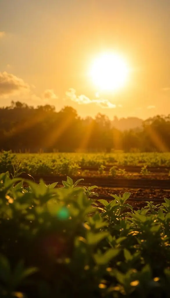 A vibrant, sun-drenched landscape with a majestic golden orb dominating the sky. Warm rays cascade down, bathing the lush foliage and fertile soil in a soft, diffused glow. In the foreground, verdant vegetation thrives, its leaves gently swaying in the gentle breeze. The middle ground features a well-tended garden bed, its plants eagerly reaching towards the sun's nourishing embrace. Hazy, atmospheric light filters through wispy clouds, creating a sense of tranquility and abundance. Tilt-shifted focus draws the eye to the captivating solar disc, its brilliant, shimmering surface a testament to the life-giving power of the sun.