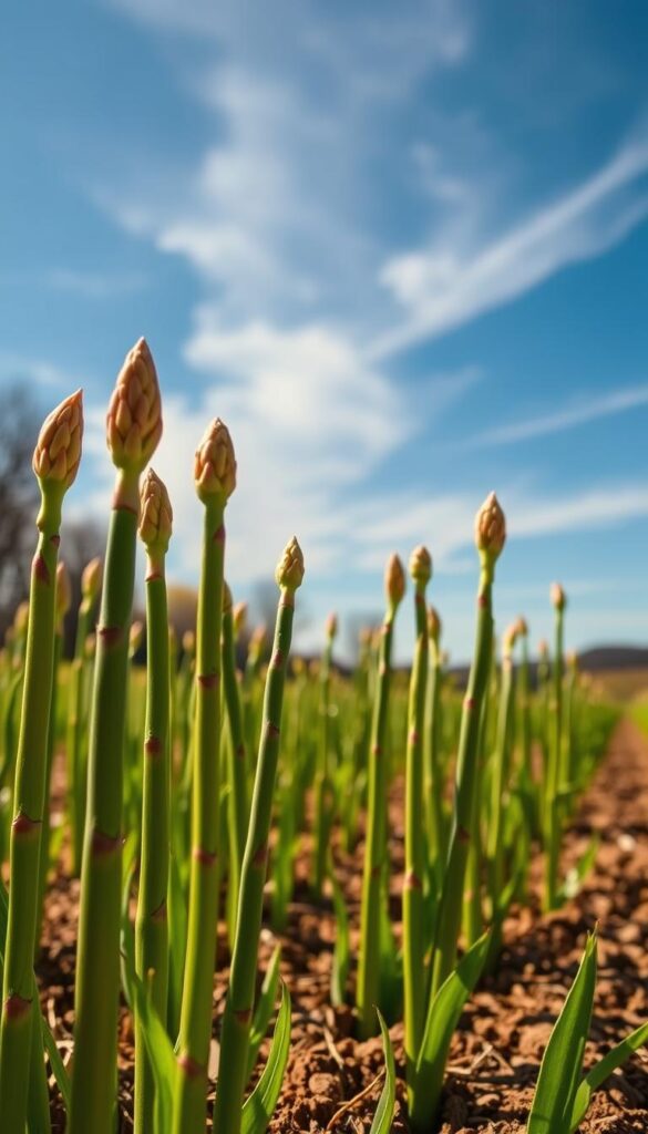 A vibrant, sun-drenched springtime field of fresh, emerald green asparagus spears bursting forth from the rich, loamy soil. The stalks stand tall and proud, their tips unfurled in a delicate dance, capturing the essence of new growth and the promise of a bountiful harvest. The scene is bathed in warm, golden light, casting subtle shadows and highlights that accentuate the plant's natural beauty. In the distance, a tranquil blue sky with wispy clouds completes the idyllic, serene setting, inviting the viewer to imagine the crisp, earthy aroma and satisfying crunch of these beginner-friendly, versatile vegetables. A vibrant, sun-drenched springtime field of fresh, emerald green asparagus spears bursting forth from the rich, loamy soil. The stalks stand tall and proud, their tips unfurled in a delicate dance, capturing the essence of new growth and the promise of a bountiful harvest. The scene is bathed in warm, golden light, casting subtle shadows and highlights that accentuate the plant's natural beauty. In the distance, a tranquil blue sky with wispy clouds completes the idyllic, serene setting, inviting the viewer to imagine the crisp, earthy aroma and satisfying crunch of these beginner-friendly, versatile vegetables.