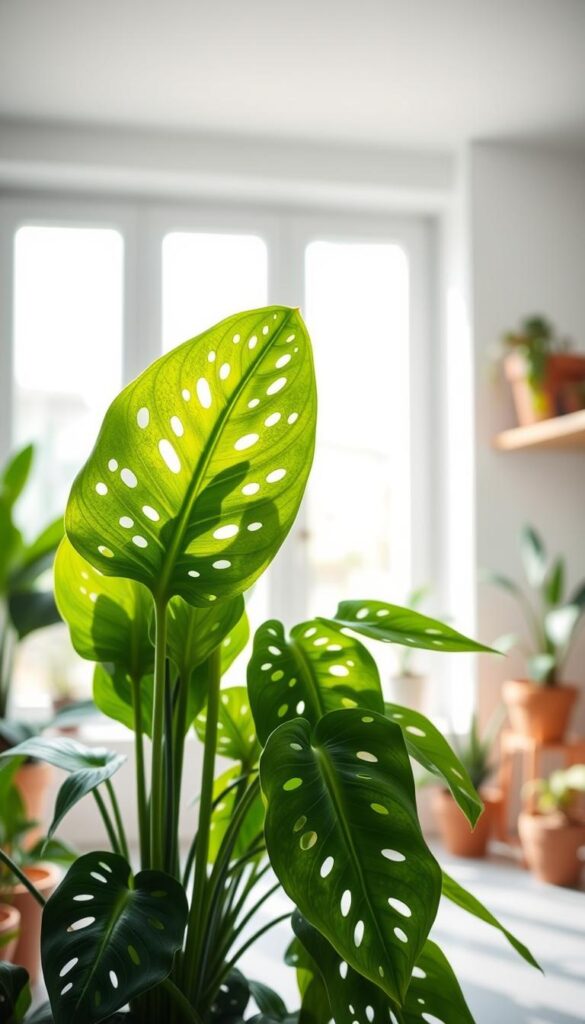 A vibrant swiss cheese plant in a bright, airy space, its large, perforated leaves cascading gracefully. The plant is positioned in the foreground, bathed in soft, diffused natural light from a large window. The background features a minimalist, white-walled interior with potted plants and wooden accents, creating a serene, biophilic atmosphere. The composition captures the plant's lush, tropical aesthetic and showcases its unique, eye-catching foliage in a way that inspires the viewer to consider propagating one at home. A vibrant swiss cheese plant in a bright, airy space, its large, perforated leaves cascading gracefully. The plant is positioned in the foreground, bathed in soft, diffused natural light from a large window. The background features a minimalist, white-walled interior with potted plants and wooden accents, creating a serene, biophilic atmosphere. The composition captures the plant's lush, tropical aesthetic and showcases its unique, eye-catching foliage in a way that inspires the viewer to consider propagating one at home.