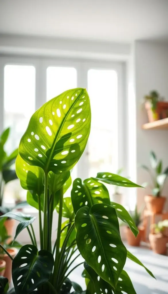 A vibrant swiss cheese plant in a bright, airy space, its large, perforated leaves cascading gracefully. The plant is positioned in the foreground, bathed in soft, diffused natural light from a large window. The background features a minimalist, white-walled interior with potted plants and wooden accents, creating a serene, biophilic atmosphere. The composition captures the plant's lush, tropical aesthetic and showcases its unique, eye-catching foliage in a way that inspires the viewer to consider propagating one at home. A vibrant swiss cheese plant in a bright, airy space, its large, perforated leaves cascading gracefully. The plant is positioned in the foreground, bathed in soft, diffused natural light from a large window. The background features a minimalist, white-walled interior with potted plants and wooden accents, creating a serene, biophilic atmosphere. The composition captures the plant's lush, tropical aesthetic and showcases its unique, eye-catching foliage in a way that inspires the viewer to consider propagating one at home.
