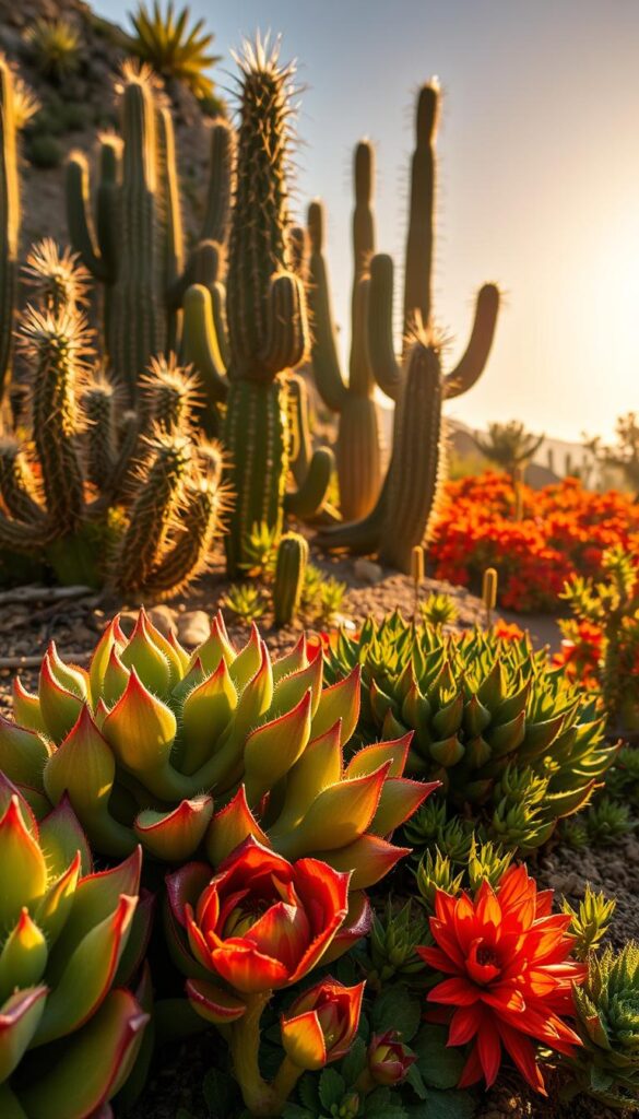 A vibrant tableau of lush, heat-loving plants thriving in the warm, golden light of a summer afternoon. In the foreground, a cluster of drought-tolerant succulents, their fleshy leaves glistening with dewdrops. Beyond, a stand of tall, swaying cacti, their spines casting dramatic shadows across the parched earth. In the background, a riot of fiery-hued flowers, their petals unfurling towards the sun, radiating an irrepressible energy. The scene is captured with a crisp, focused lens, emphasizing the intricate textures and vivid colors of these resilient, sun-worshipping specimens. An atmosphere of resilience and endurance, a testament to the adaptability of nature in the face of heat and adversity.