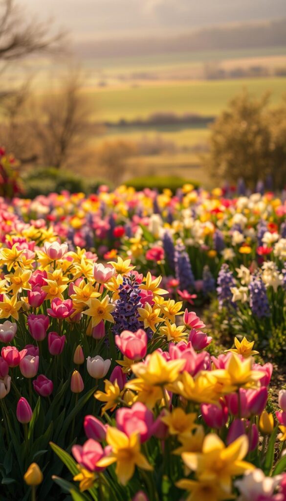 A vibrant tapestry of seasonal blooms unfolds, bathed in warm, golden light. In the foreground, a lush bed of multicolored flowers sways gently, their petals radiant and full of life. Tulips, daffodils, and hyacinths intermingle, creating a harmonious palette of spring hues. The middle ground features a mixed border of perennials, their blooms transitioning from spring pastels to summer's vibrant array. Backlit by a soft, diffuse light, the scene evokes a sense of tranquility and natural abundance. In the distance, a verdant landscape frames the composition, hinting at the cyclical nature of the seasons. The overall atmosphere is one of beauty, renewal, and the promise of a flourishing garden throughout the year.
