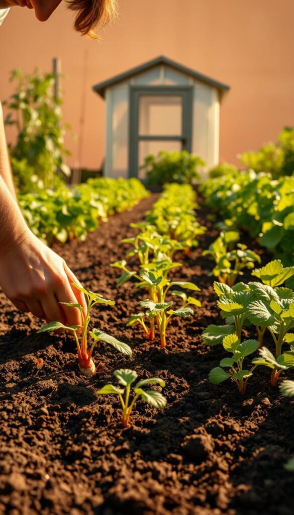 A vibrant vegetable garden against a soft, warm-toned background. In the foreground, a gardener carefully transplants seedlings, their hands guiding the delicate roots into the soil. The middle ground showcases thriving plants in various stages of growth, each contributing to a bountiful harvest. In the background, a shed or greenhouse stands, casting gentle shadows that create depth and dimension. The lighting is natural and diffused, casting a golden glow that enhances the lush, verdant hues of the garden. The overall scene conveys a sense of harmony, knowledge, and the rewards of successful succession planting. A vibrant vegetable garden against a soft, warm-toned background. In the foreground, a gardener carefully transplants seedlings, their hands guiding the delicate roots into the soil. The middle ground showcases thriving plants in various stages of growth, each contributing to a bountiful harvest. In the background, a shed or greenhouse stands, casting gentle shadows that create depth and dimension. The lighting is natural and diffused, casting a golden glow that enhances the lush, verdant hues of the garden. The overall scene conveys a sense of harmony, knowledge, and the rewards of successful succession planting.
