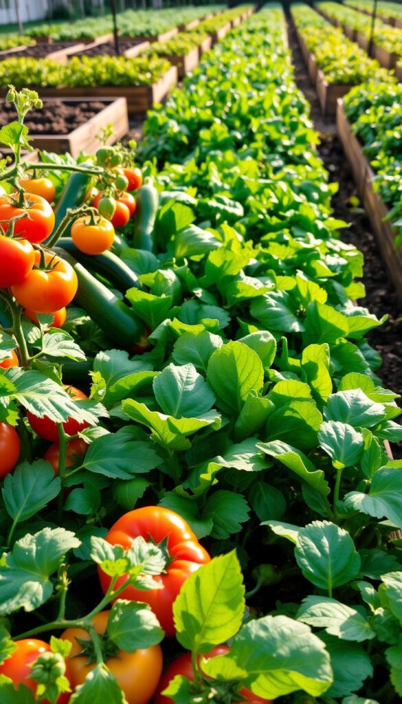 A vibrant vegetable garden with a bountiful array of easy-to-grow produce. In the foreground, plump, unblemished tomatoes, zucchini, and bell peppers bask in warm, natural lighting. The middle ground showcases lush, verdant leafy greens like spinach and kale, their leaves glistening with morning dew. In the background, rows of neatly organized raised beds frame the scene, their soil dark and rich, ready to nurture the next crop of beginner-friendly veggies. The overall atmosphere is one of abundance, simplicity, and the joy of homegrown, wholesome sustenance. A vibrant vegetable garden with a bountiful array of easy-to-grow produce. In the foreground, plump, unblemished tomatoes, zucchini, and bell peppers bask in warm, natural lighting. The middle ground showcases lush, verdant leafy greens like spinach and kale, their leaves glistening with morning dew. In the background, rows of neatly organized raised beds frame the scene, their soil dark and rich, ready to nurture the next crop of beginner-friendly veggies. The overall atmosphere is one of abundance, simplicity, and the joy of homegrown, wholesome sustenance.