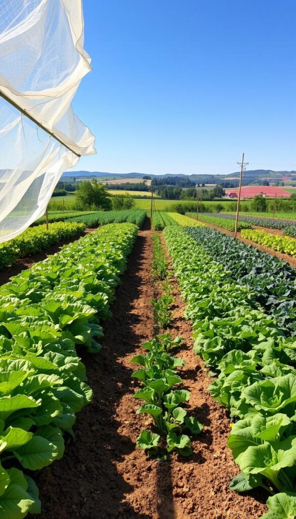A vibrant vegetable garden with rows of healthy crops, the soil enriched by the practice of crop rotation. In the foreground, verdant leafy greens and rows of lush, verdant vegetables thrive beneath the gentle embrace of row covers. Dappled sunlight filters through, casting a warm, natural glow. The middle ground reveals a patchwork of different crops, each in varying stages of growth, a testament to the harmonious interplay of these sustainable farming techniques. In the background, a picturesque rural landscape unfolds, rolling hills and a clear blue sky, completing the idyllic scene. This image captures the essence of prevention through simple, yet effective, cultural practices that create a thriving, pest-free vegetable garden. A vibrant vegetable garden with rows of healthy crops, the soil enriched by the practice of crop rotation. In the foreground, verdant leafy greens and rows of lush, verdant vegetables thrive beneath the gentle embrace of row covers. Dappled sunlight filters through, casting a warm, natural glow. The middle ground reveals a patchwork of different crops, each in varying stages of growth, a testament to the harmonious interplay of these sustainable farming techniques. In the background, a picturesque rural landscape unfolds, rolling hills and a clear blue sky, completing the idyllic scene. This image captures the essence of prevention through simple, yet effective, cultural practices that create a thriving, pest-free vegetable garden.