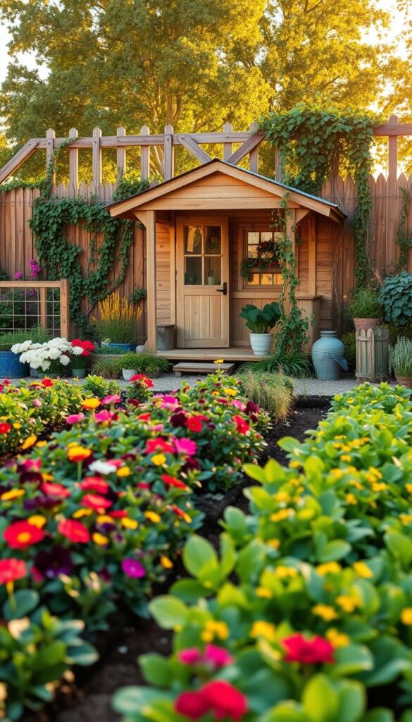 A vibrant, well-designed gardening area with a lush, thriving vegetable patch in the foreground, surrounded by neat rows of colorful flowering plants and herbs. In the middle ground, a charming wooden shed with an inviting porch, bathed in warm, golden afternoon sunlight. The background features a picturesque garden fence, entwined with cascading vines and trailing foliage, creating a sense of peaceful seclusion. The overall scene exudes a harmonious, productive atmosphere, where the beauty of nature and the rewards of gardening come together in a captivating visual composition.