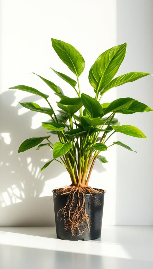 A vibrant, well-lit scene depicting a lush houseplant in need of repotting. The plant, with its verdant foliage and healthy roots visible, is the focal point, positioned against a clean, minimalist background that allows the plant to shine. Soft, natural lighting illuminates the plant, casting gentle shadows that add depth and dimension. The composition is balanced, drawing the viewer's eye to the plant's signs of growth, such as new shoots or crowded roots, which signal the optimal time to transplant. The overall mood is one of care, attention, and the nurturing of a thriving indoor plant. A vibrant, well-lit scene depicting a lush houseplant in need of repotting. The plant, with its verdant foliage and healthy roots visible, is the focal point, positioned against a clean, minimalist background that allows the plant to shine. Soft, natural lighting illuminates the plant, casting gentle shadows that add depth and dimension. The composition is balanced, drawing the viewer's eye to the plant's signs of growth, such as new shoots or crowded roots, which signal the optimal time to transplant. The overall mood is one of care, attention, and the nurturing of a thriving indoor plant.