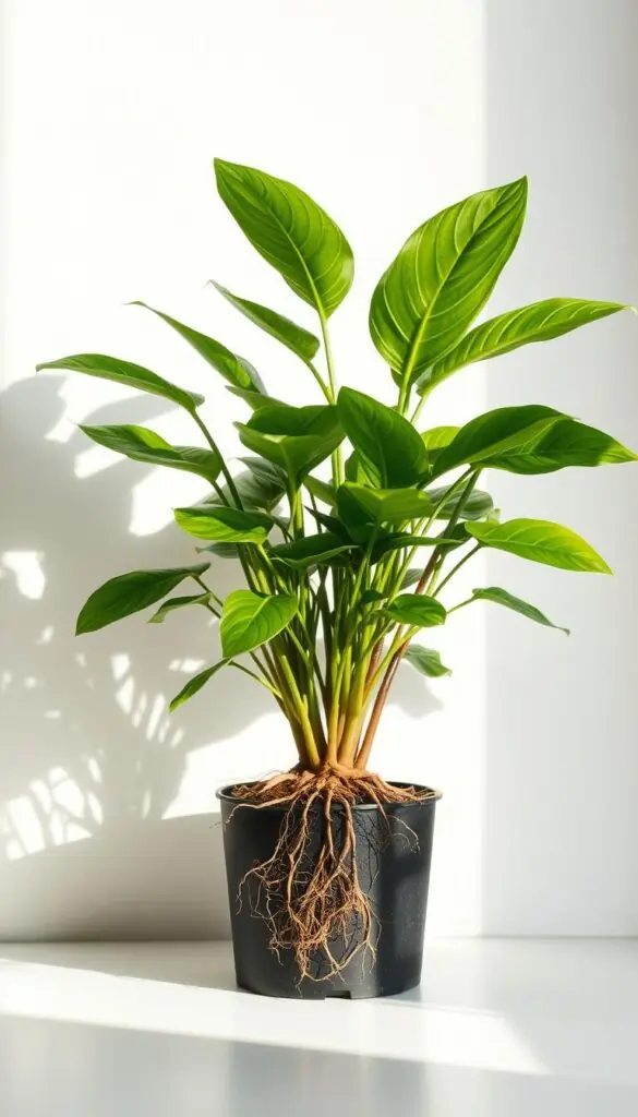 A vibrant, well-lit scene depicting a lush houseplant in need of repotting. The plant, with its verdant foliage and healthy roots visible, is the focal point, positioned against a clean, minimalist background that allows the plant to shine. Soft, natural lighting illuminates the plant, casting gentle shadows that add depth and dimension. The composition is balanced, drawing the viewer's eye to the plant's signs of growth, such as new shoots or crowded roots, which signal the optimal time to transplant. The overall mood is one of care, attention, and the nurturing of a thriving indoor plant.