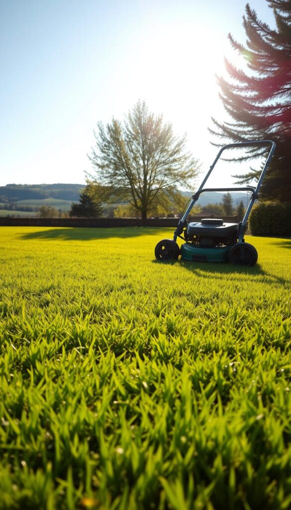 A vibrant, well-manicured lawn bathed in warm, golden sunshine. In the foreground, a pristine expanse of lush, verdant grass, neatly trimmed and free of weeds. In the middle ground, a sturdy lawn mower with sharp blades, casting a soft shadow as it glides effortlessly over the smooth surface. In the background, a picturesque landscape with swaying trees and a clear, blue sky, creating a serene and inviting atmosphere. The scene conveys a sense of pride, diligence, and the rewarding results of thoughtful lawn care.