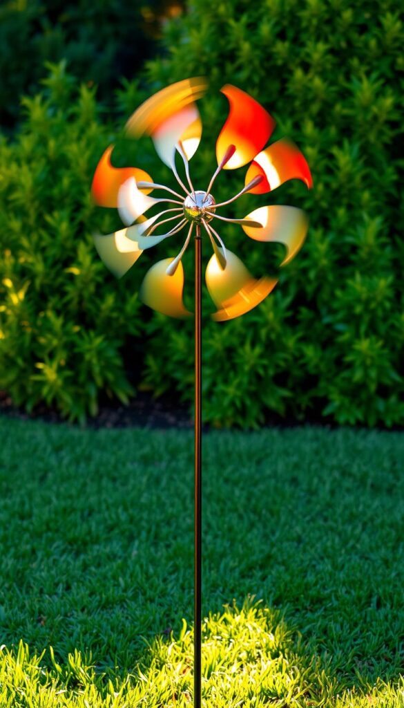 A vibrant wind spinner, its metal blades capturing the gentle breeze in a captivating dance. The sleek, contemporary design stands tall against a backdrop of lush greenery, casting mesmerizing shadows across the well-manicured lawn. Warm, natural lighting filters through the spinning arms, creating a play of light and shadow that adds depth and dynamism to the scene. The overall composition evokes a sense of tranquility and movement, inviting the viewer to pause and appreciate the simple beauty of this functional yet visually striking backyard accent.