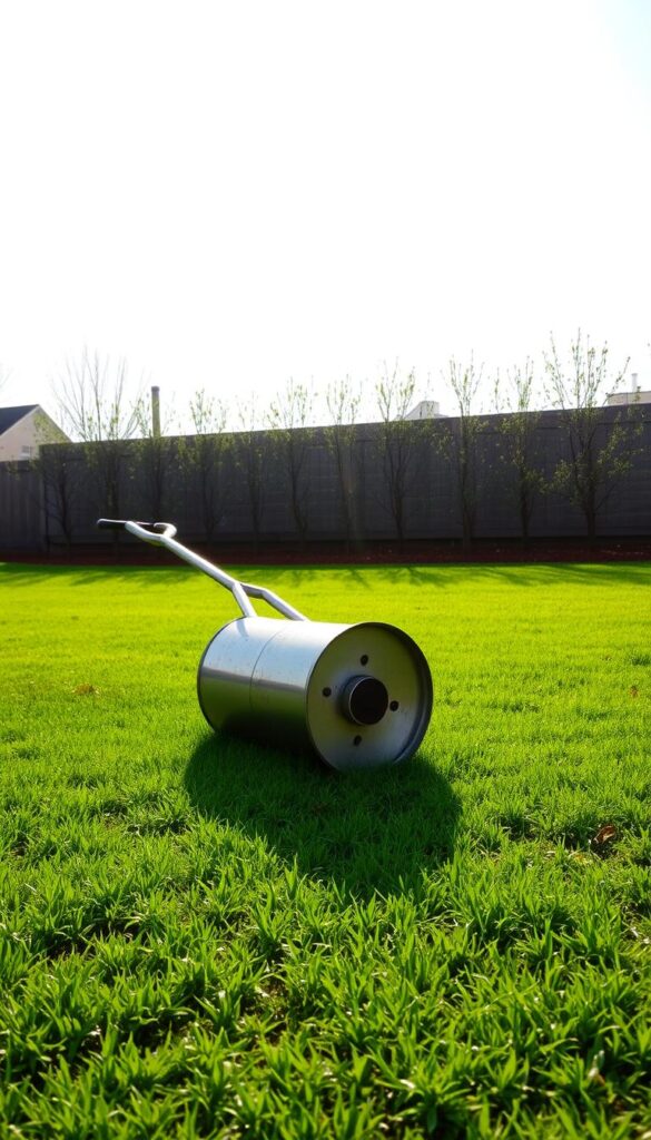 A vintage lawn roller sits in a lush, verdant backyard, its metal surface gleaming in the soft, golden light of an early spring afternoon. The roller's cylindrical form casts a long, angled shadow across the freshly aerated soil, hinting at the rhythmic, rolling motion it will soon impart. In the background, a row of budding trees and a cloudless sky suggest the ideal seasonal timing for this essential lawn care task. The scene conveys a sense of tranquility and the promise of a healthy, thriving lawn to come.
