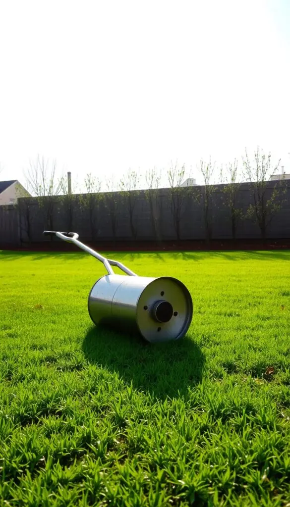 A vintage lawn roller sits in a lush, verdant backyard, its metal surface gleaming in the soft, golden light of an early spring afternoon. The roller's cylindrical form casts a long, angled shadow across the freshly aerated soil, hinting at the rhythmic, rolling motion it will soon impart. In the background, a row of budding trees and a cloudless sky suggest the ideal seasonal timing for this essential lawn care task. The scene conveys a sense of tranquility and the promise of a healthy, thriving lawn to come.