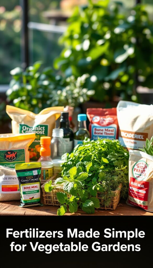 A visually appealing still life arrangement showcasing an assortment of garden fertilizers. In the foreground, various bags, bottles, and containers of organic compost, bone meal, blood meal, and other nutrient-rich amendments are meticulously arranged on a rustic wooden table, casting soft shadows. The middle ground features lush, verdant foliage of leafy greens and herbs, subtly hinting at the fertilizers' purpose. The background is softly blurred, creating a sense of depth and focus on the central elements. The lighting is natural and warm, with soft highlights and shadows accentuating the textures and colors of the scene. The overall composition evokes a sense of tranquility and the joy of gardening, capturing the essence of "Fertilizers Made Simple for Vegetable Gardens".